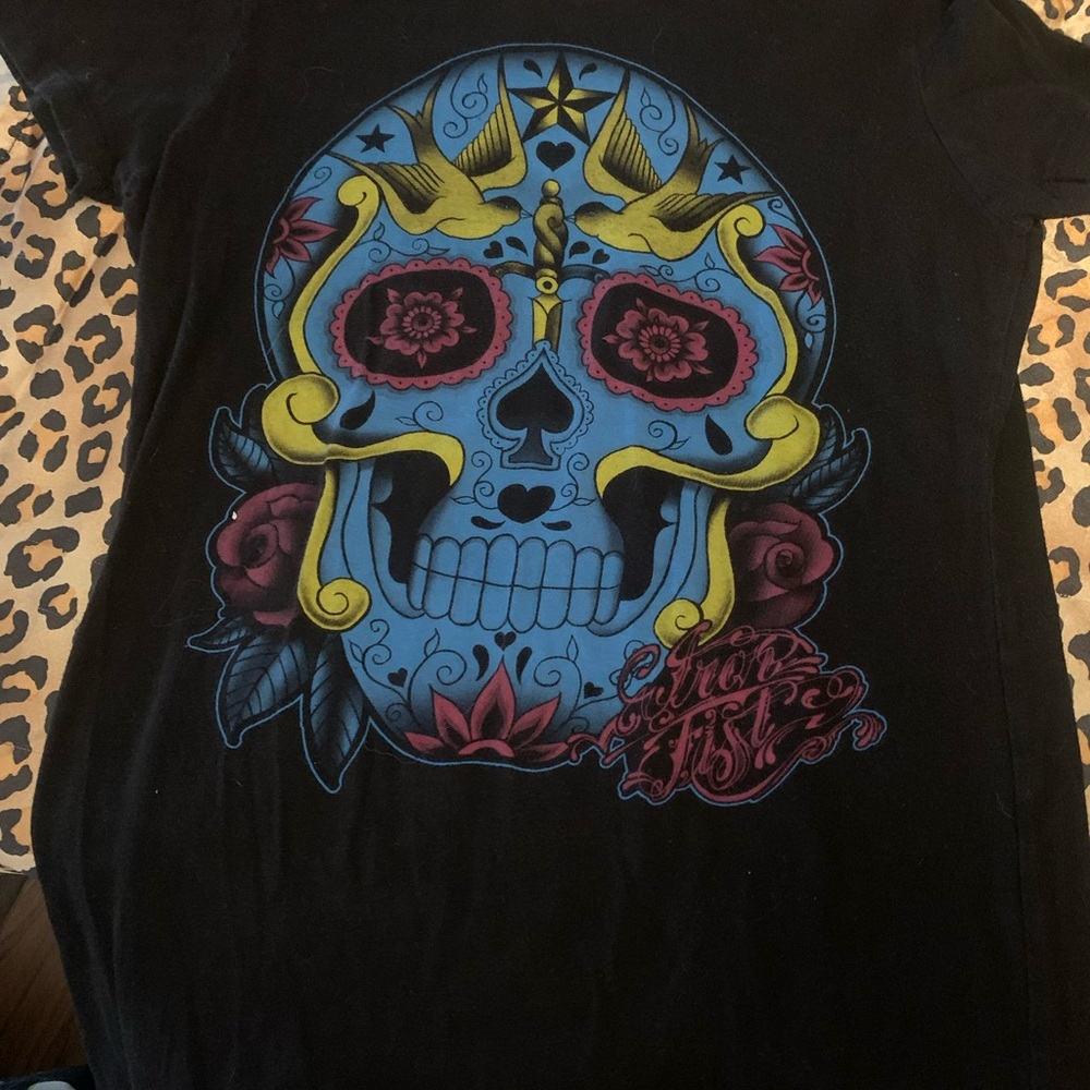 Iron Fist Black Tee with Colorful Skull Design